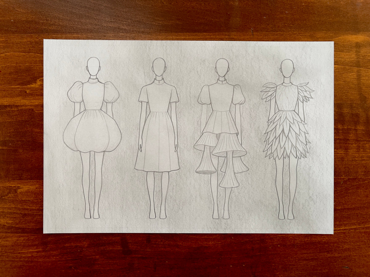 Seth Jennemann MEFREEK How To Leave Without Leaving – pencil drawing in contemporary fashion illustration style featuring four faceless croquis figures wearing progressively surreal dresses, transitioning from soft puff silhouettes to layered petal-like forms, emphasizing transformation through structure and form.
