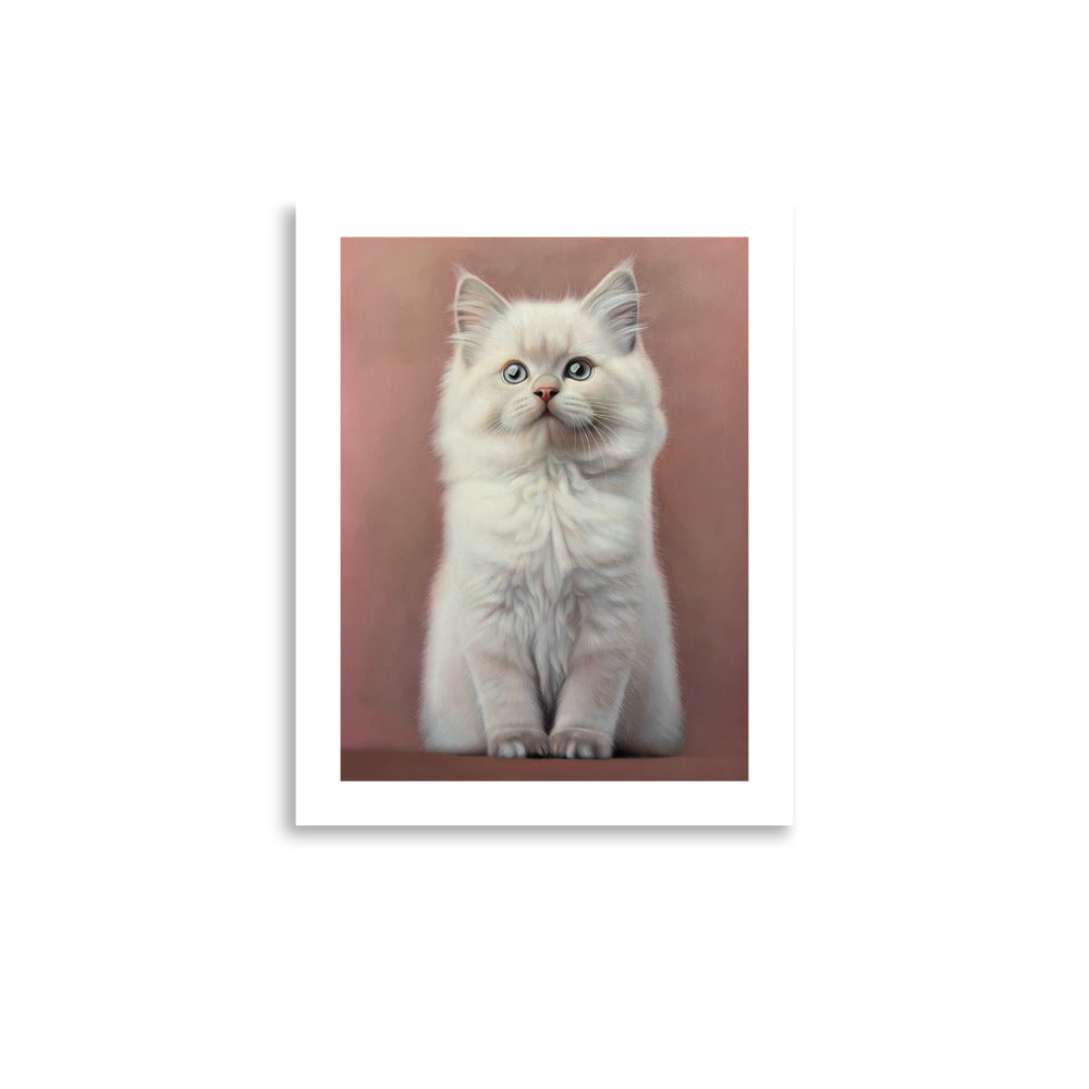 MEFREEK Seth Jennemann Open Edition Print "I Bought Him Toys But He Plays With A Ghost" hyperreal contemporary oil-style portrait of a white kitten on a muted pink background, soft fur texture, focused gaze, minimalist composition, fine art realism.