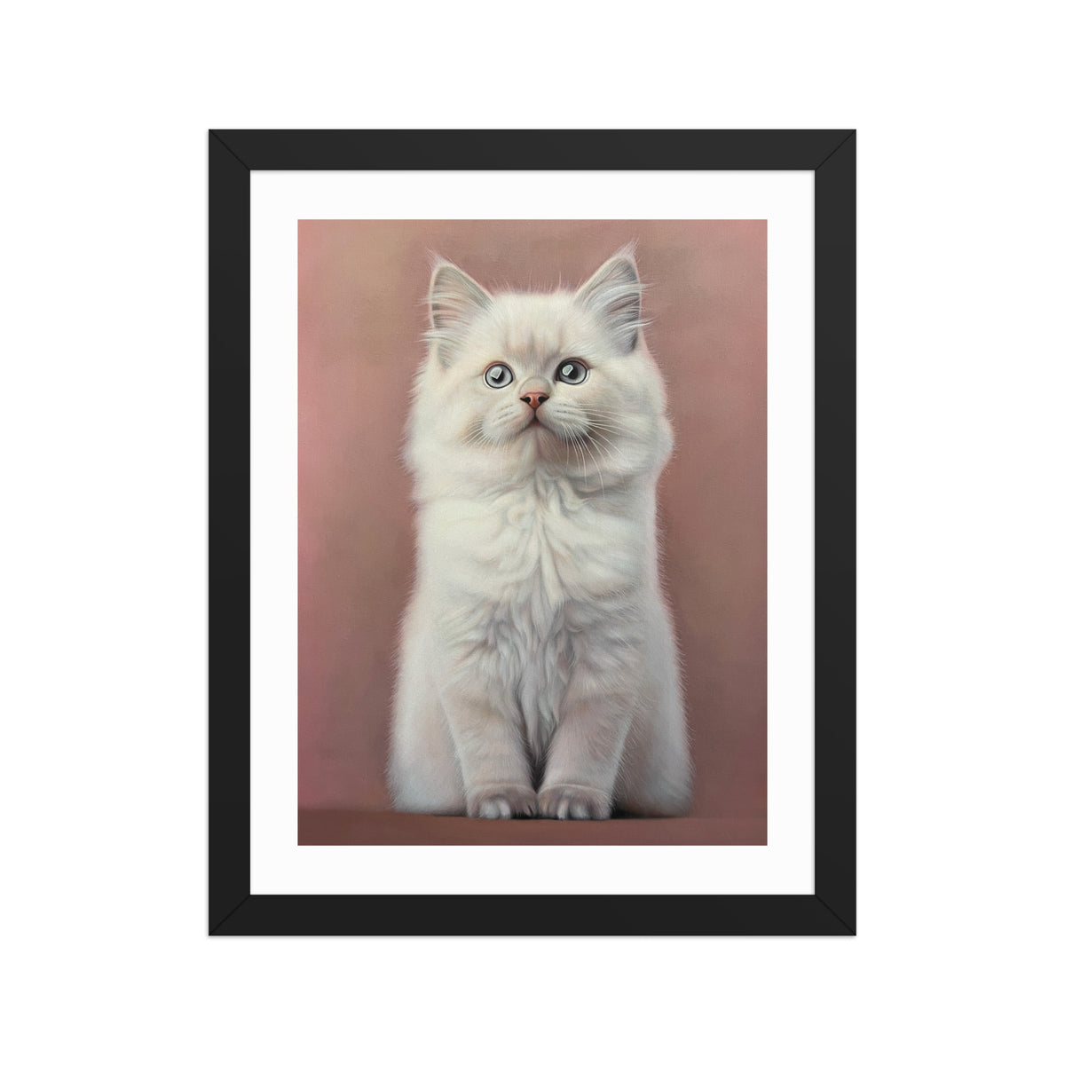 MEFREEK Seth Jennemann Open Edition Print "I Bought Him Toys But He Plays With A Ghost" framed artwork showing a white kitten with blue eyes on a soft pink background, hyperreal contemporary portrait with black frame and white mat.
