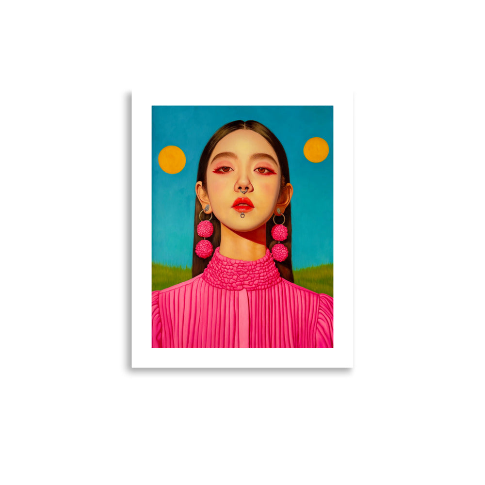 MEFREEK Seth Jennemann Open Edition Print “I Just Want To Be Me” — contemporary fine art print featuring a woman in vivid pink clothing beneath two yellow suns on a turquoise background, printed on white archival paper.