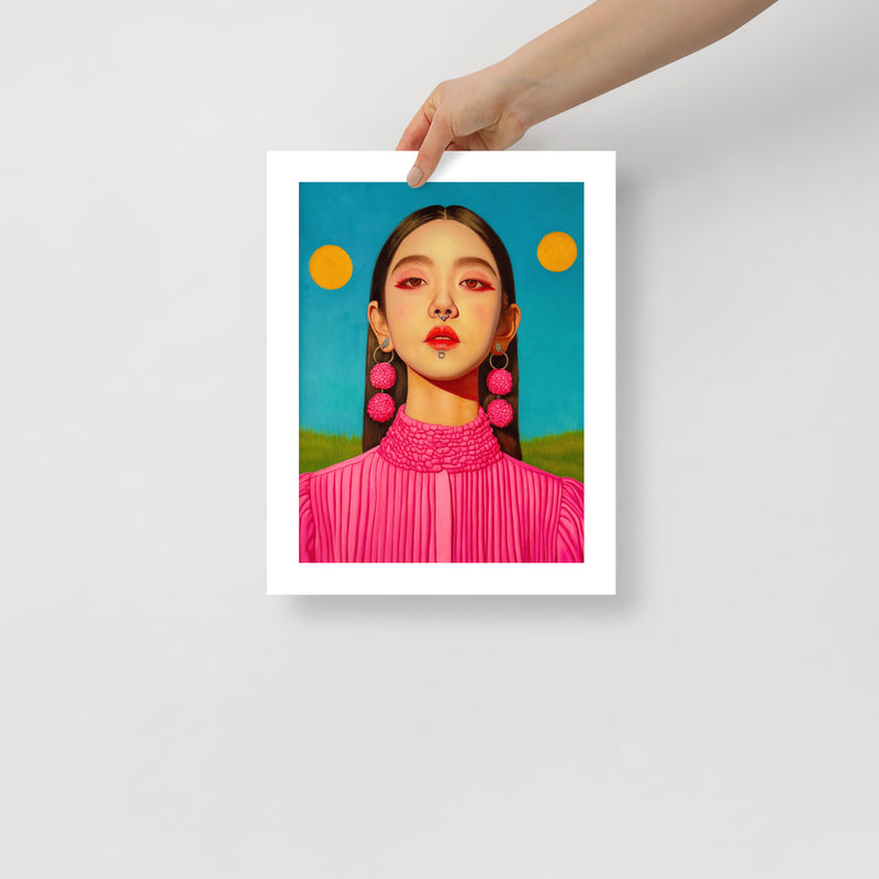 MEFREEK Seth Jennemann Open Edition Print “I Just Want To Be Me” — vibrant fine art print of a calm, defiant woman in a pink top and earrings beneath twin suns, shown unframed as a person holds the artwork for scale.