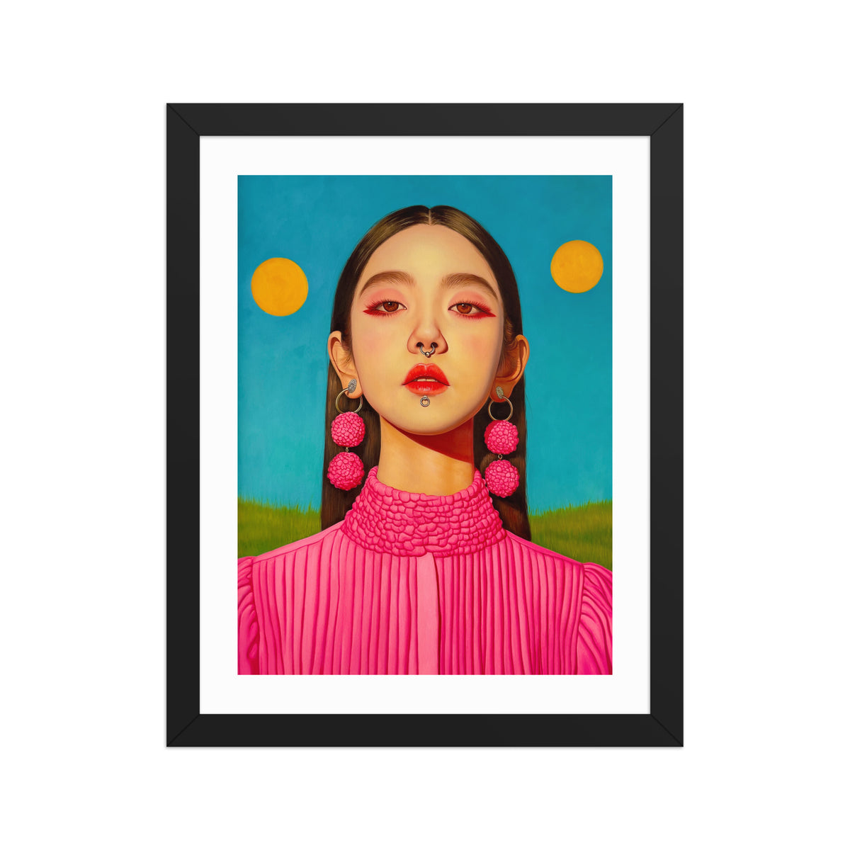 MEFREEK Seth Jennemann Open Edition Print “I Just Want To Be Me” — a hyperreal portrait of a woman with straight black hair, pink earrings, and a pleated fuchsia blouse, standing against a bright turquoise sky with two yellow suns, framed in black with a white mat border.
