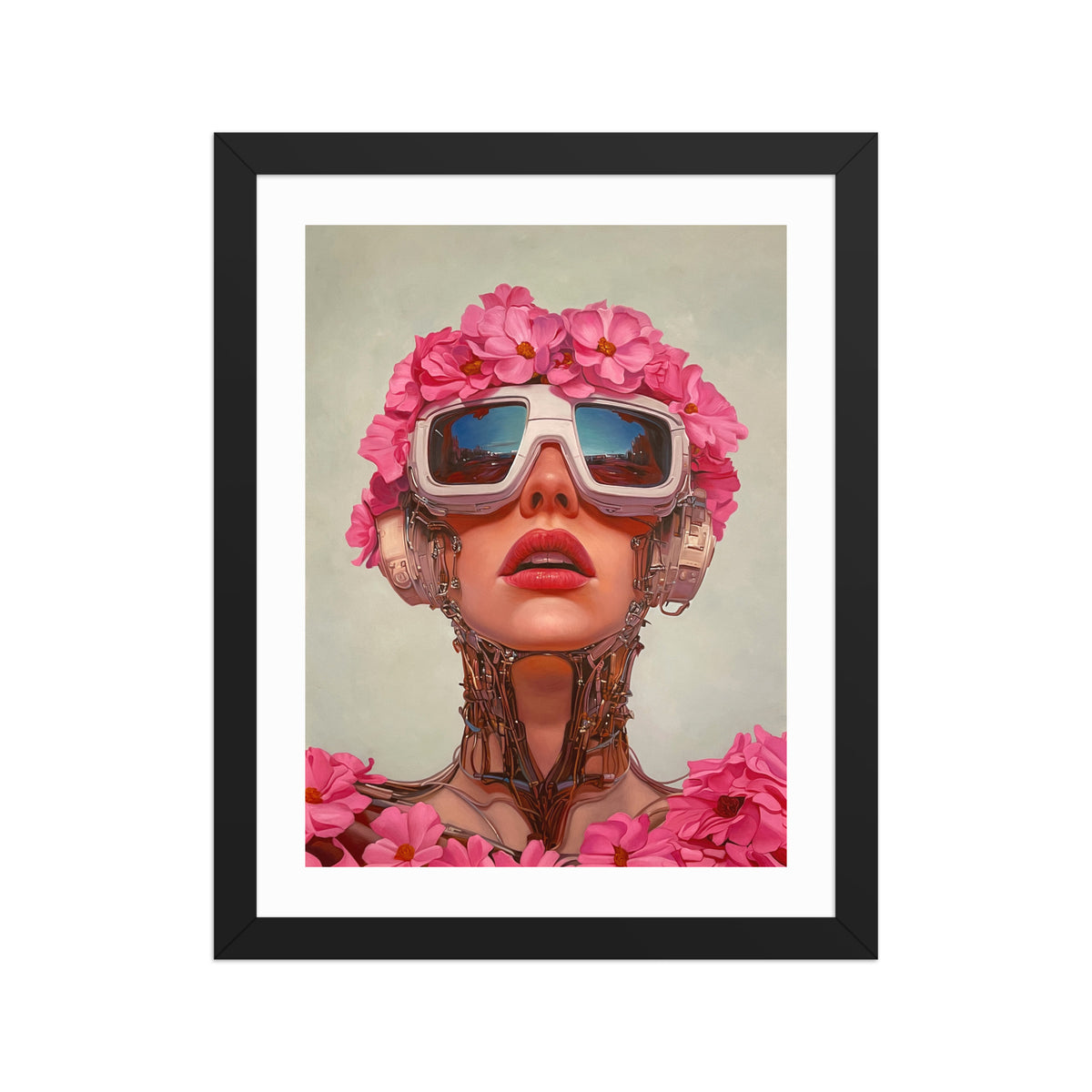 MEFREEK Seth Jennemann Open Edition Print “I Kill, Therefore I Am” — a hyperreal portrait of a female cyborg adorned with pink flowers, wearing reflective futuristic goggles, and surrounded by soft neutral tones, framed in black with a white mat border.