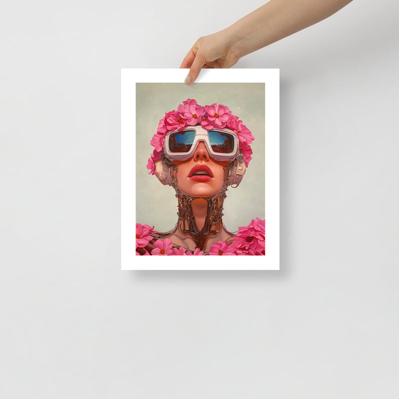 MEFREEK Seth Jennemann Open Edition Print “I Kill, Therefore I Am” — contemporary fine art print of a cybernetic woman with mechanical details and a floral crown of pink blossoms, held by a person for scale.