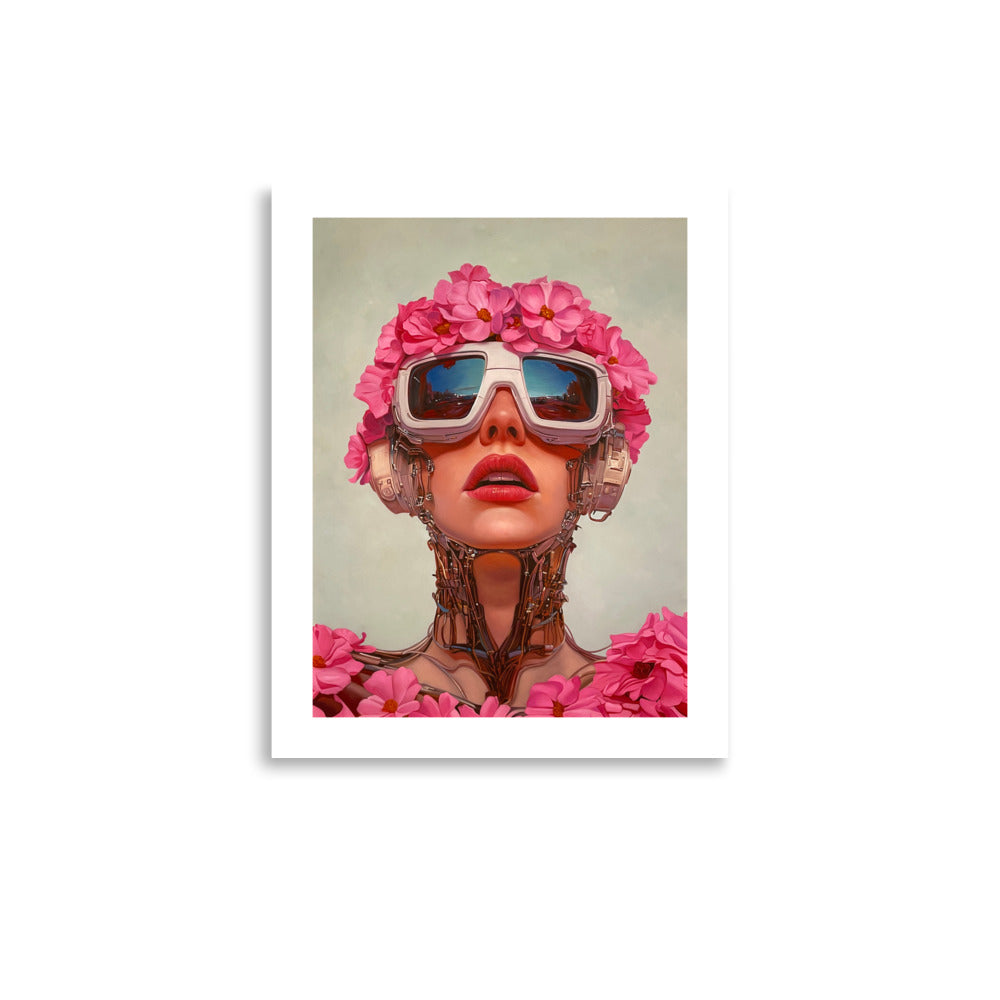 MEFREEK Seth Jennemann Open Edition Print “I Kill, Therefore I Am” — vivid sci-fi surrealist artwork featuring a flower-covered cyborg woman with large mirrored eyewear against a light background, printed on fine art paper.