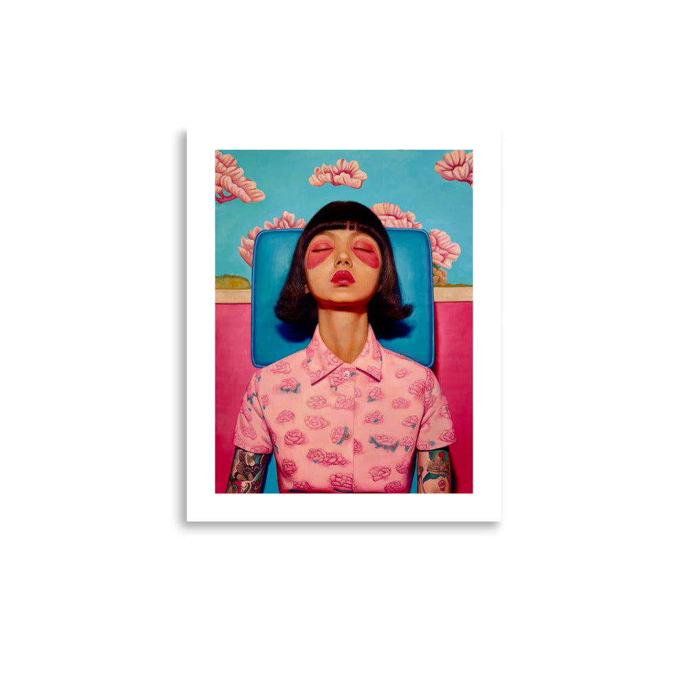 MEFREEK Seth Jennemann Open Edition Print “Infinity Loops And Other Dead Ends” — vivid portrait of a tattooed woman resting in a salon chair with pink eyeshadow and floral wallpaper, printed on fine art paper with rich color detail.