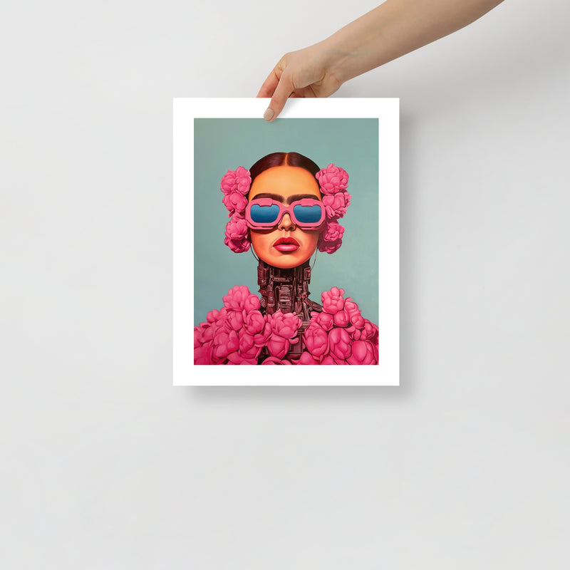 MEFREEK Seth Jennemann Open Edition Print “Identity Program” — vivid fine art print of a cybernetic woman surrounded by pink flowers and wearing glossy pink glasses, displayed unframed as a person holds the artwork for scale.