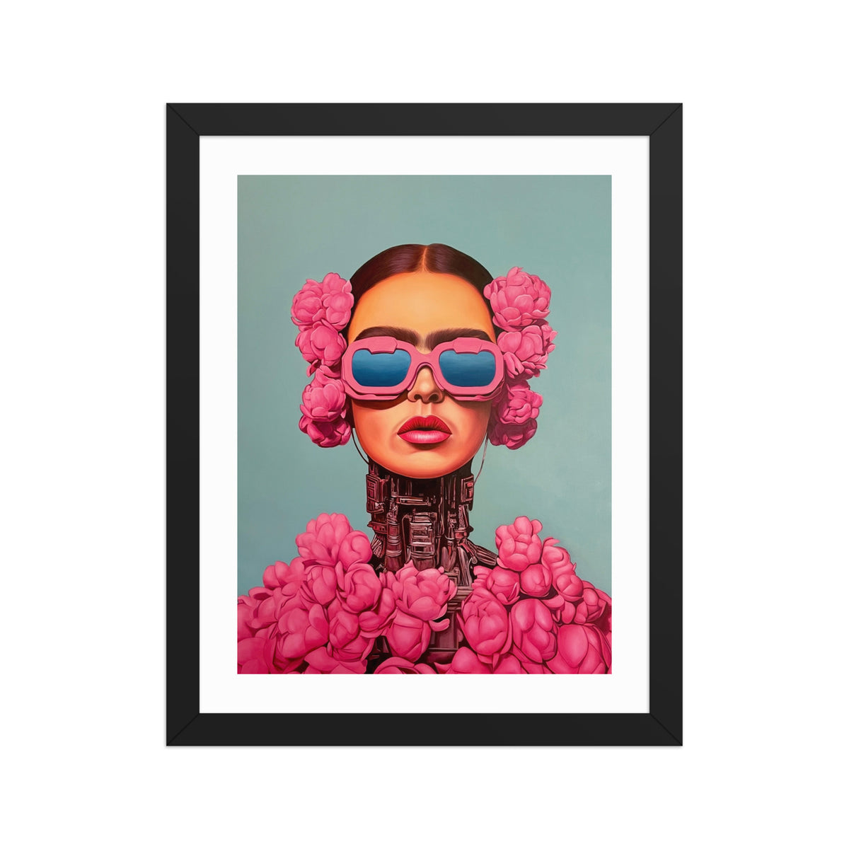 MEFREEK Seth Jennemann Open Edition Print “Identity Program” — a hyperreal portrait of a female cyborg wearing pink sunglasses and surrounded by vivid pink flowers against a teal background, framed in black with a white mat border.