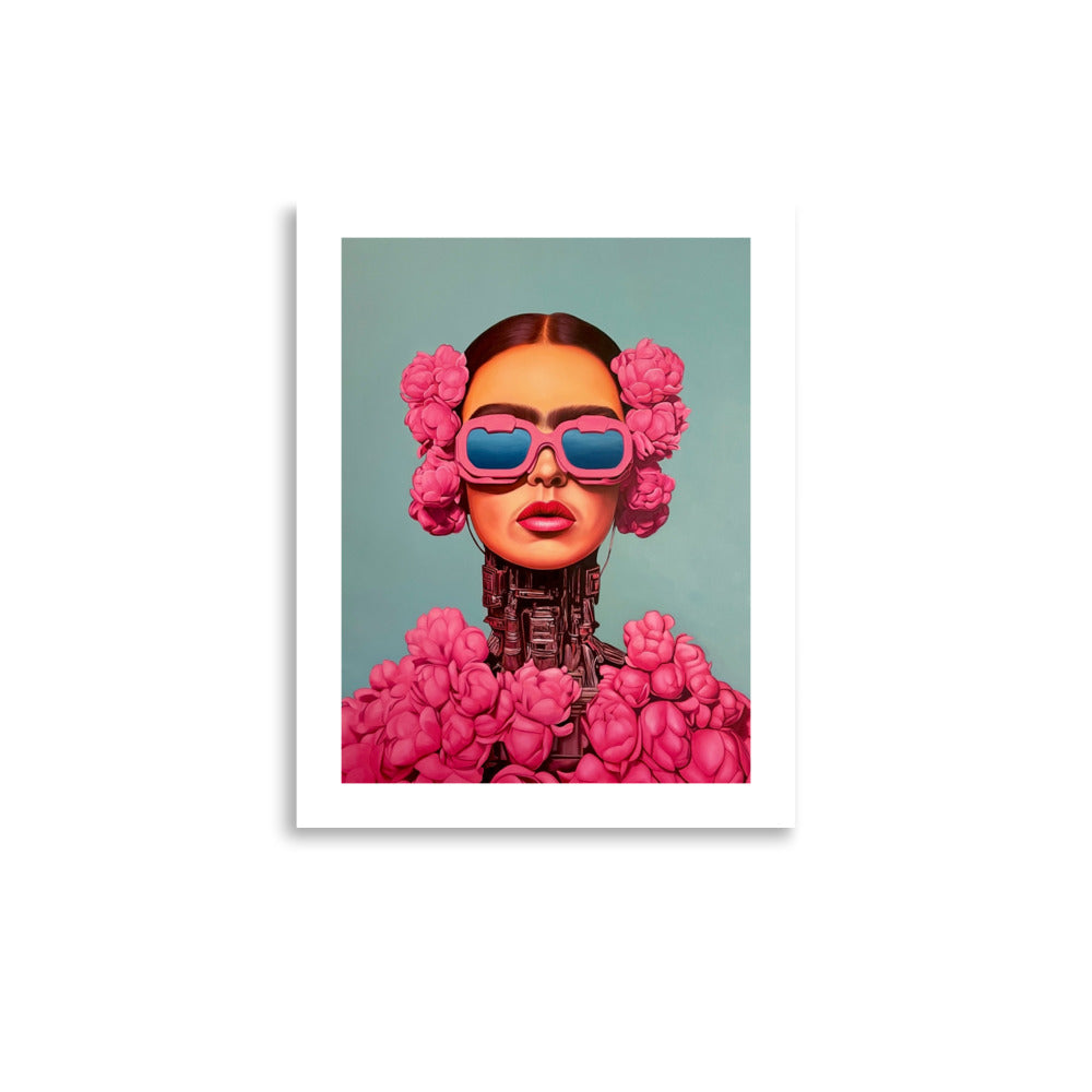 MEFREEK Seth Jennemann Open Edition Print “Identity Program” — futuristic surrealist artwork featuring a robotic woman with reflective pink lenses and floral adornments on a turquoise background, printed on white archival paper.