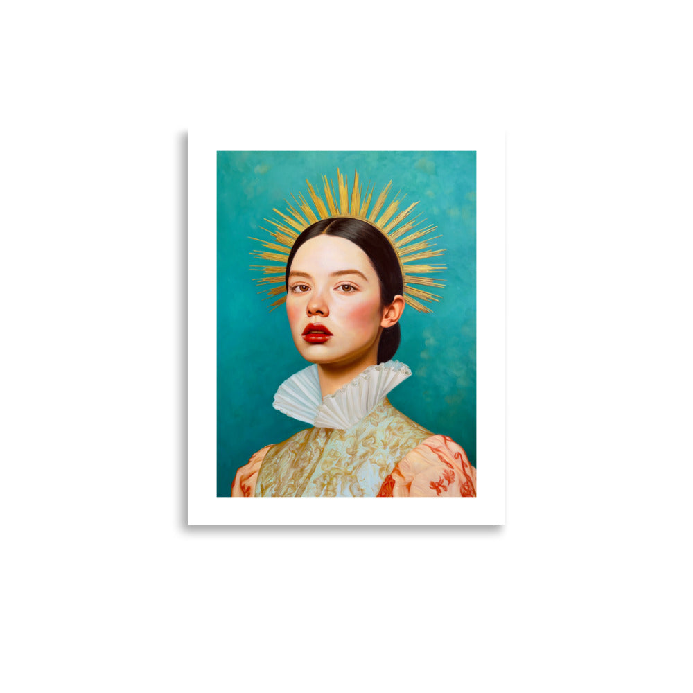MEFREEK Seth Jennemann Open Edition Print “I Said Nothing, So They Heard What They Wanted” — a hyperreal portrait of a woman in regal attire with a golden halo crown and white ruffled collar against a turquoise background, printed on fine art paper.