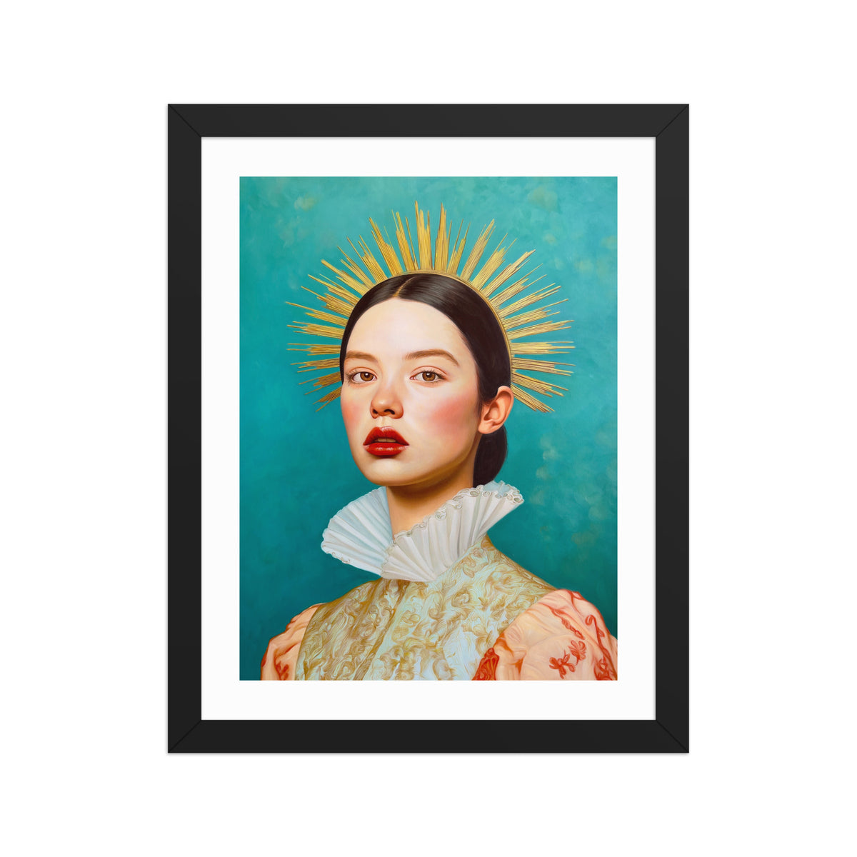 MEFREEK Seth Jennemann Open Edition Print “I Said Nothing, So They Heard What They Wanted” — detailed oil-style portrait of a young woman wearing ornate gold and cream clothing with a radiant spiked halo, framed in black with a white mat border.