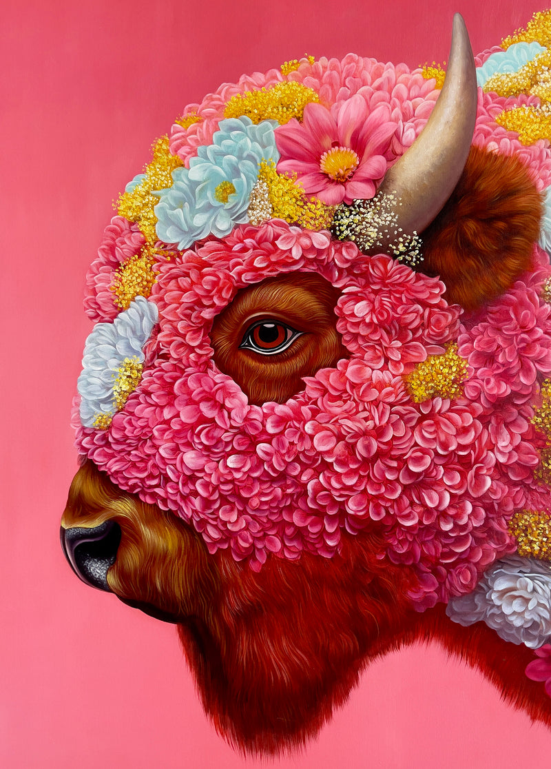 MEFREEK Seth Jennemann I Was Just The Frame close up hyperreal oil painting of buffalo eye surrounded by pink flowers, blue flowers, and yellow floral textures, surreal animal portrait painting on pink background