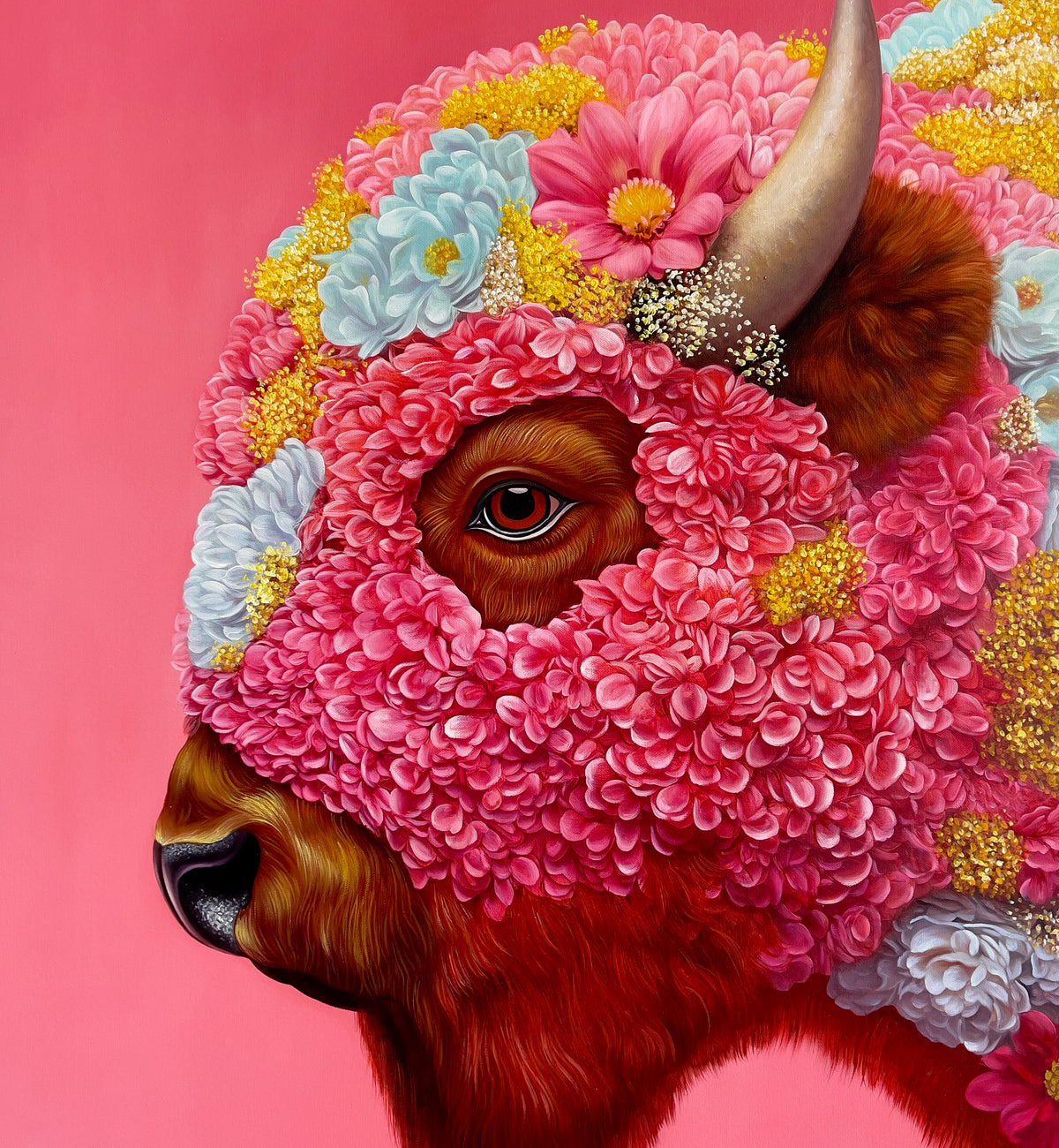 MEFREEK Seth Jennemann I Was Just The Frame detailed hyperreal oil painting of buffalo head covered in dense pink flower mask with visible horn and eye, surreal floral animal portrait on bright pink background