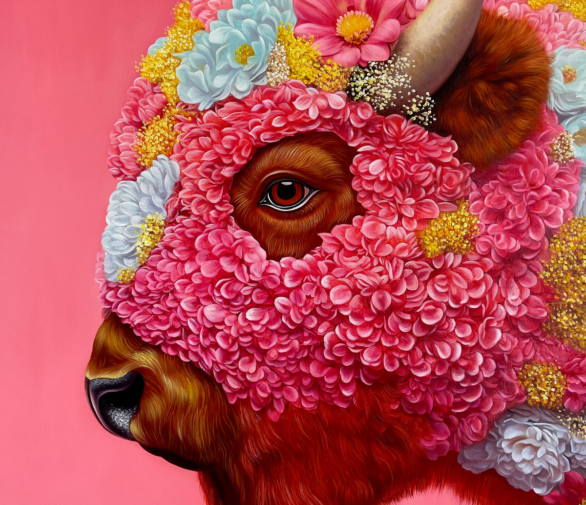 MEFREEK Seth Jennemann I Was Just The Frame extreme close up hyperreal oil painting of buffalo eye framed by layered pink flower petals with yellow and blue flowers, surreal animal portrait painting on pink background