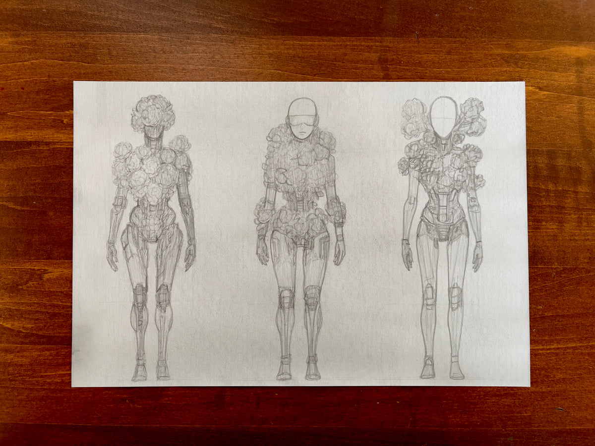 Seth Jennemann MEFREEK I Kill, Therefore I Am – graphite croquis drawing in a conceptual sci-fi fashion style featuring three robotic female figures adorned with clustered floral armor and biomechanical limbs, blending couture and cybernetic anatomy.

