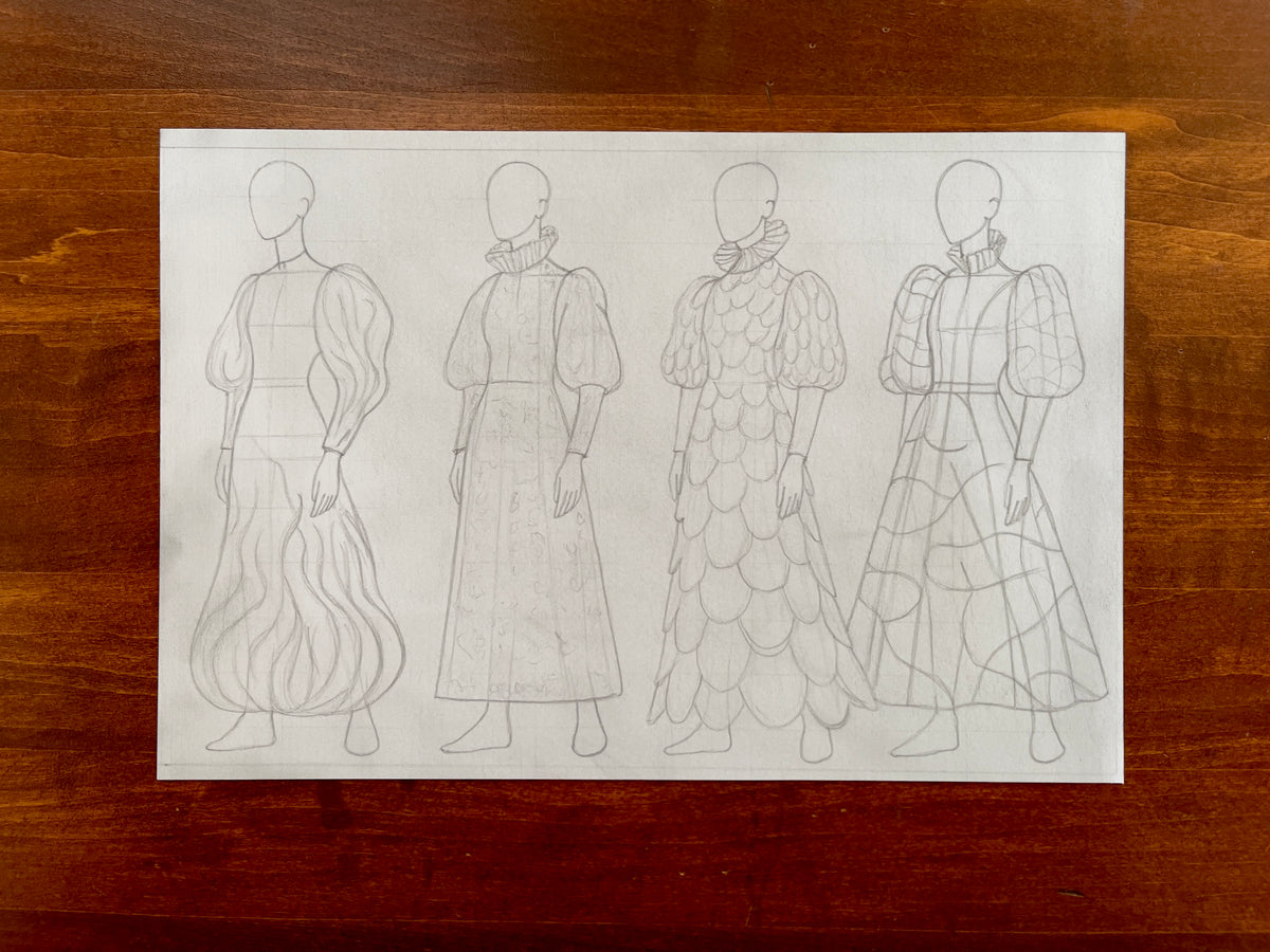 Seth Jennemann MEFREEK — I Said Nothing, So They Heard What They Wanted, graphite pencil fashion illustration in conceptual sketch style. Four faceless figures wear voluminous gowns with puff sleeves, ruffled collars, scalloped layers, and geometric seams, showcasing sculptural design and elegant restraint.