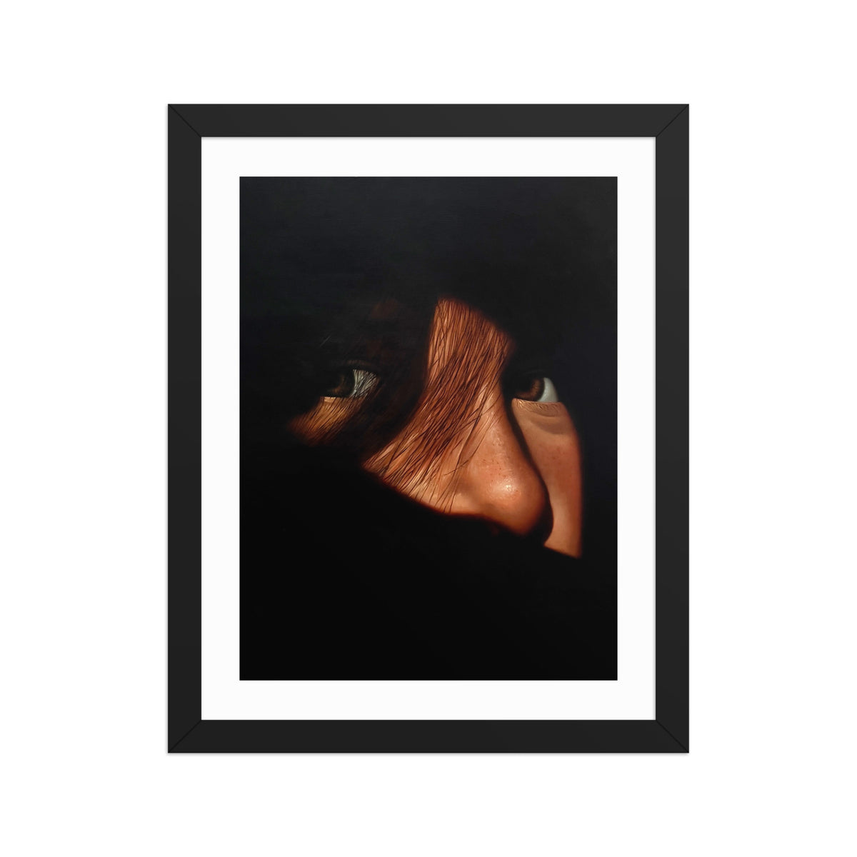 MEFREEK Seth Jennemann Open Edition Art Prints Indoor Thoughts In An Outside Voice – Framed fine art portrait print displayed in a sleek black frame with a wide white border, depicting a partially concealed face with expressive eyes, dark hair crossing the nose, and dramatic warm lighting against nearly black shadows.