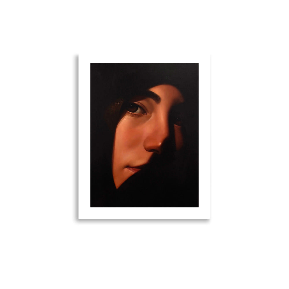 MEFREEK Seth Jennemann Open Edition Art Prints Indoor Thoughts With The Windows Down – Unframed fine art print with a clean white border, depicting an intimate close-up portrait of a dark-haired woman with a contemplative expression, softly illuminated features, and warm reddish skin tones emerging from dramatic black shadows.