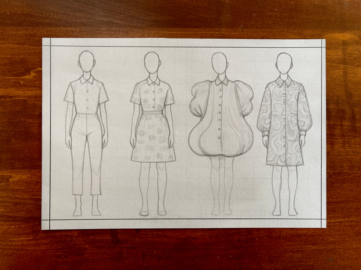 Seth Jennemann MEFREEK Infinity Loops And Other Dead Ends – pencil drawing in contemporary fashion illustration style featuring four faceless croquis figures showcasing a progression of collared garments from tailored separates to exaggerated sculptural forms, emphasizing surreal proportions and pattern evolution.
