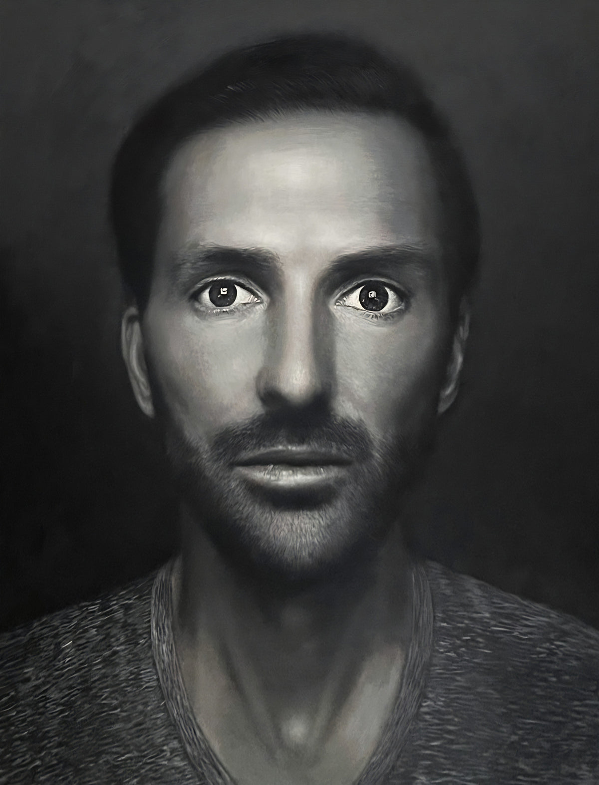 MEFREEK Seth Jennemann Original Oil Painting Instructions For Explaining Nothing self portrait hyperrealistic black and white painting of Seth Jennemann with wide reflective eyes and subtle facial hair staring directly forward emerging from a dark blurred background with smooth gradients creating an eerie introspective presence