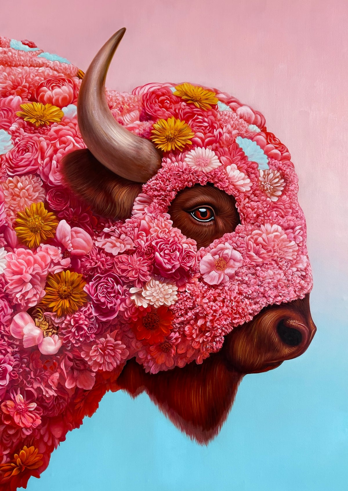 MEFREEK Seth Jennemann Intentional But Not On Purpose hyperreal surreal oil painting of a bison head covered in dense pink floral textures with vivid blossoms and a piercing eye against a soft gradient background, contemporary surrealism
