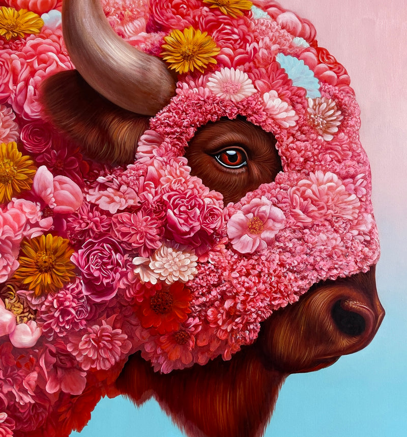 MEFREEK Seth Jennemann Intentional But Not On Purpose close up hyperreal oil painting of a bison eye surrounded by intricate layered pink flowers with detailed petals and soft color transitions, surreal contemporary painting