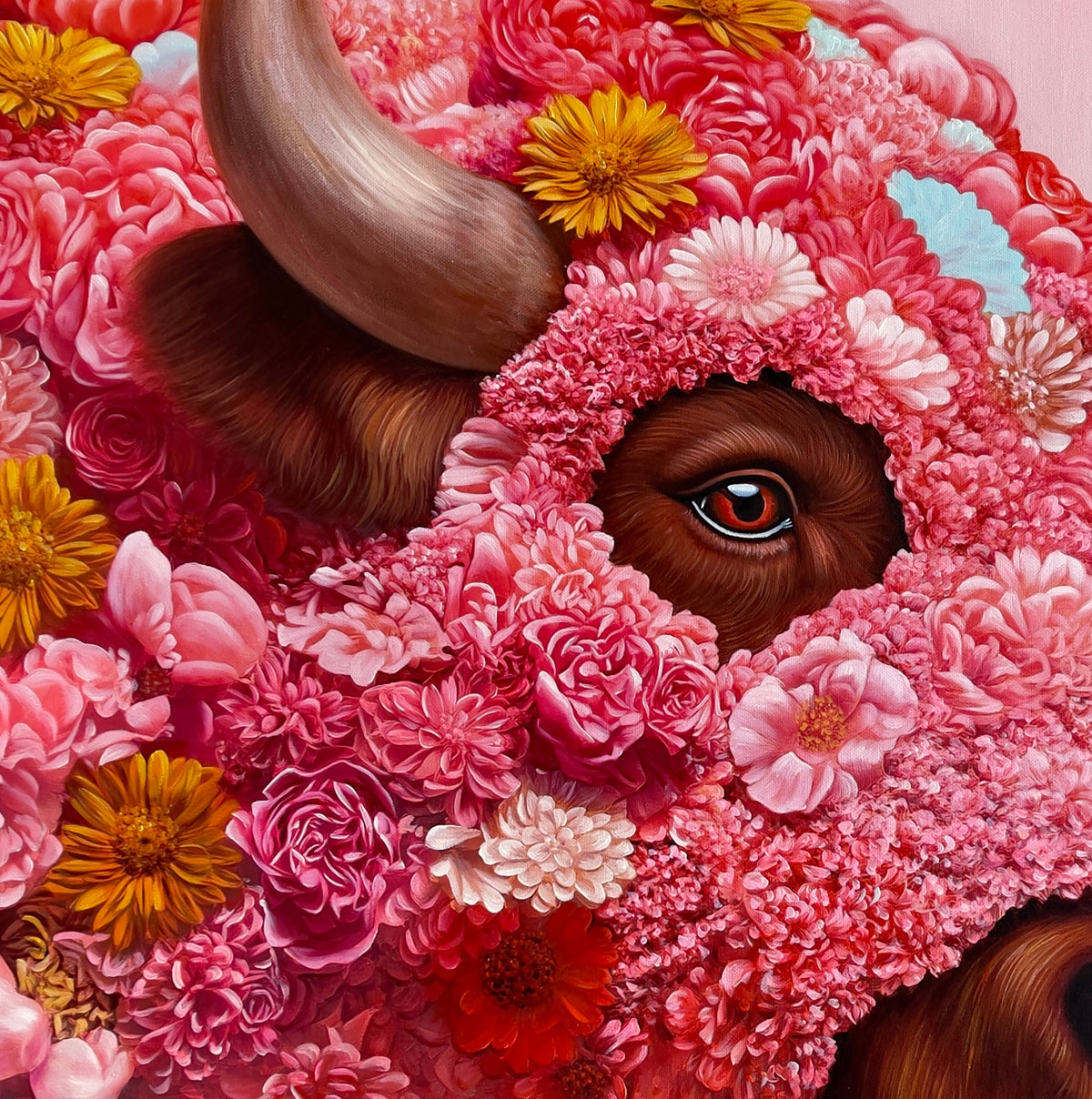 MEFREEK Seth Jennemann Intentional But Not On Purpose side profile hyperreal oil painting of a bison with a floral covered face composed of pink blossoms and yellow accents with smooth gradient background, surreal fine art painting