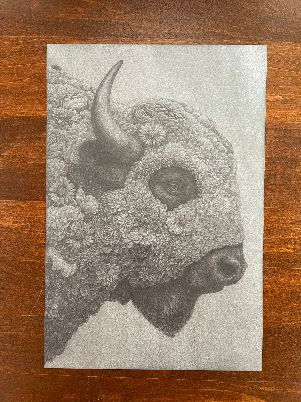 Seth Jennemann MEFREEK – “Intentional But Not On Purpose” – graphite drawing in hyperreal pop surrealism style. A bison’s head is cloaked in densely packed blooms and petals, with a single expressive eye peering through the floral armor, merging natural beauty with quiet defiance.
