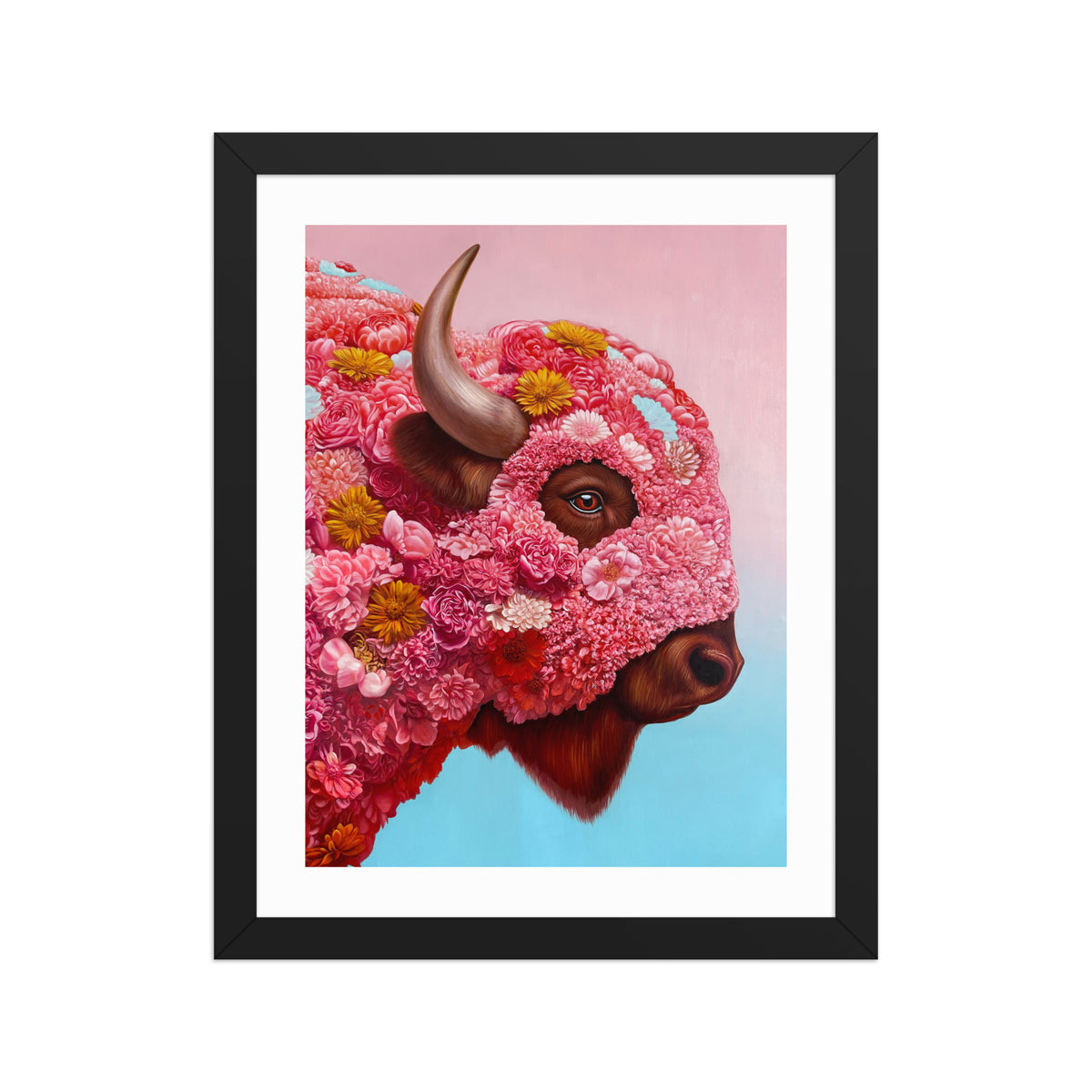MEFREEK Seth Jennemann Open Edition Framed Print Intentional But Not On Purpose, surreal profile of a bison with its entire head formed from dense pink and red flowers, detailed horn and eye emerging through layered blossoms, soft gradient background shifting from pink to blue, hyperreal contemporary fine art with vibrant color and intricate texture