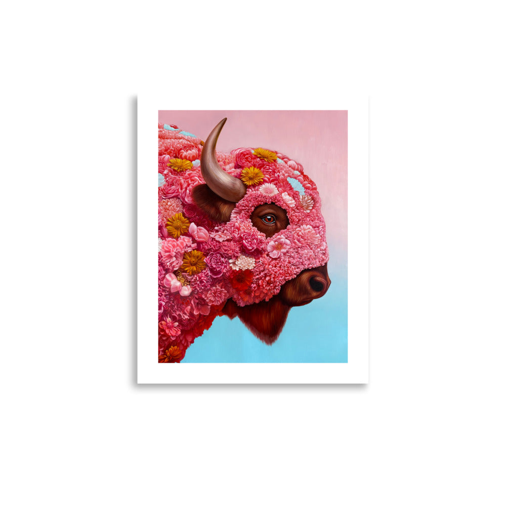 MEFREEK Seth Jennemann Open Edition Print surreal portrait of a bison covered in dense pink flowers with layered blossoms and a single curved horn, hyper detailed oil painting style with soft gradient background shifting from pink to blue, rich texture and vivid color contrast
