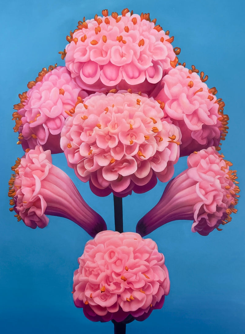 MEFREEK Seth Jennemann It Tastes Like A Compliment If You're Starving hyperreal oil painting of pink sculptural flower clusters arranged on a single stem against a blue gradient background, surreal botanical realism painting