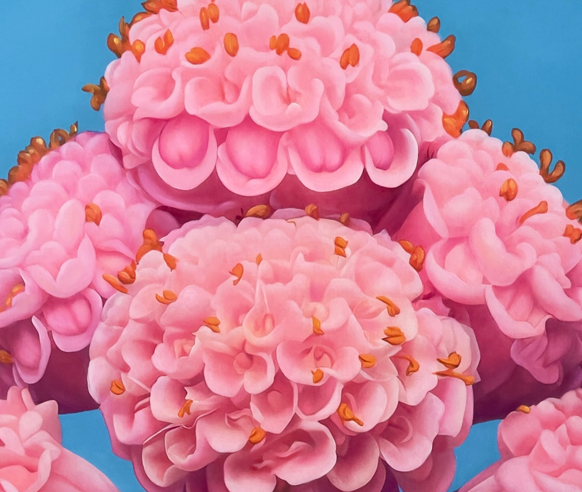 MEFREEK Seth Jennemann It Tastes Like A Compliment If You're Starving hyperreal oil painting detail of pink clustered flower forms with soft sculptural petals and orange stamens against a blue gradient background, surreal botanical painting