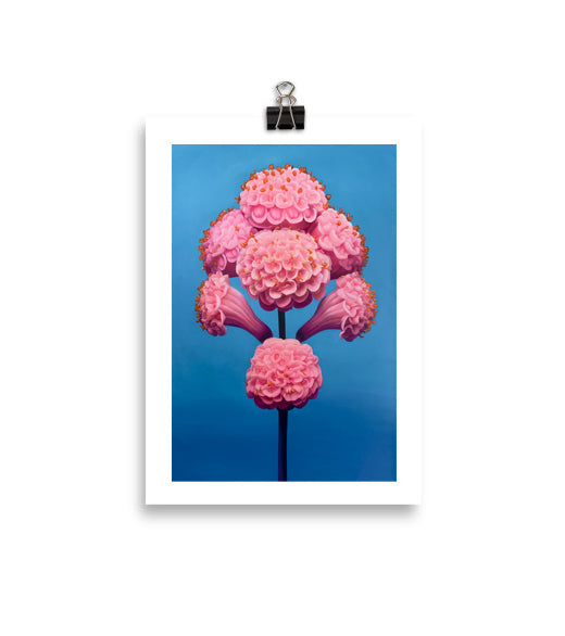 MEFREEK Seth Jennemann Open Edition Print surreal floral composition featuring clustered pink blossoms arranged in a sculptural, almost organism-like form on a single stem, rendered in a hyper realistic oil painting style against a smooth gradient blue background