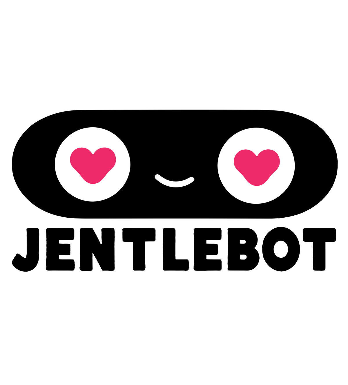 MEFREEK Seth Jennemann Jentlebot Logo – minimalist black oval robot face with pink heart-shaped eyes and a small smiling mouth, bold text reading JENTLEBOT below, pop art vector logo on white background.
