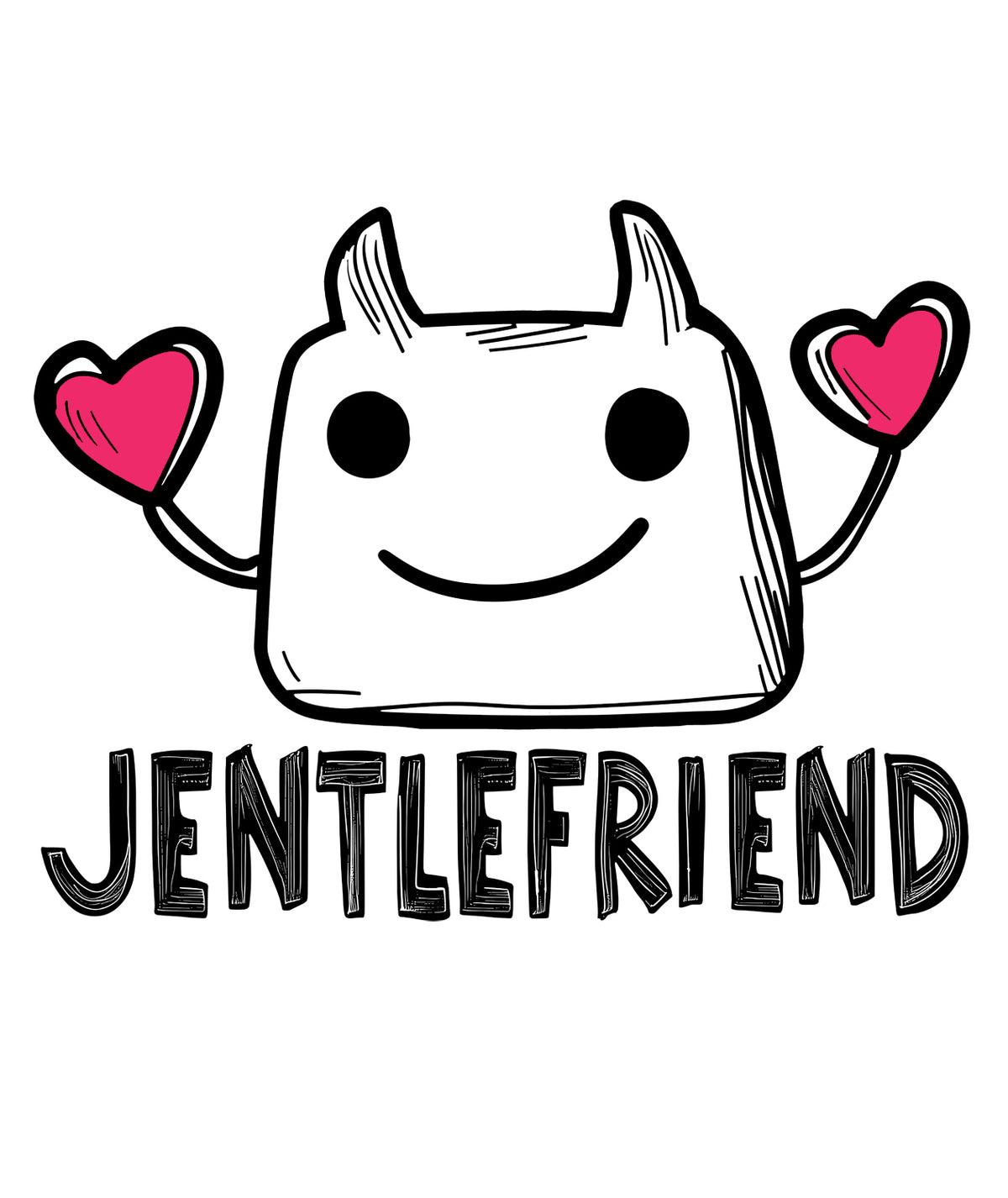 MEFREEK Seth Jennemann Jentlefriend minimalist cartoon character Palp with small horns, smiling face, and pink hearts in each hand above bold sketch lettering. Black and white illustration with bright magenta accents, pop art linework, and clean white background. Jentlefriend Logo.