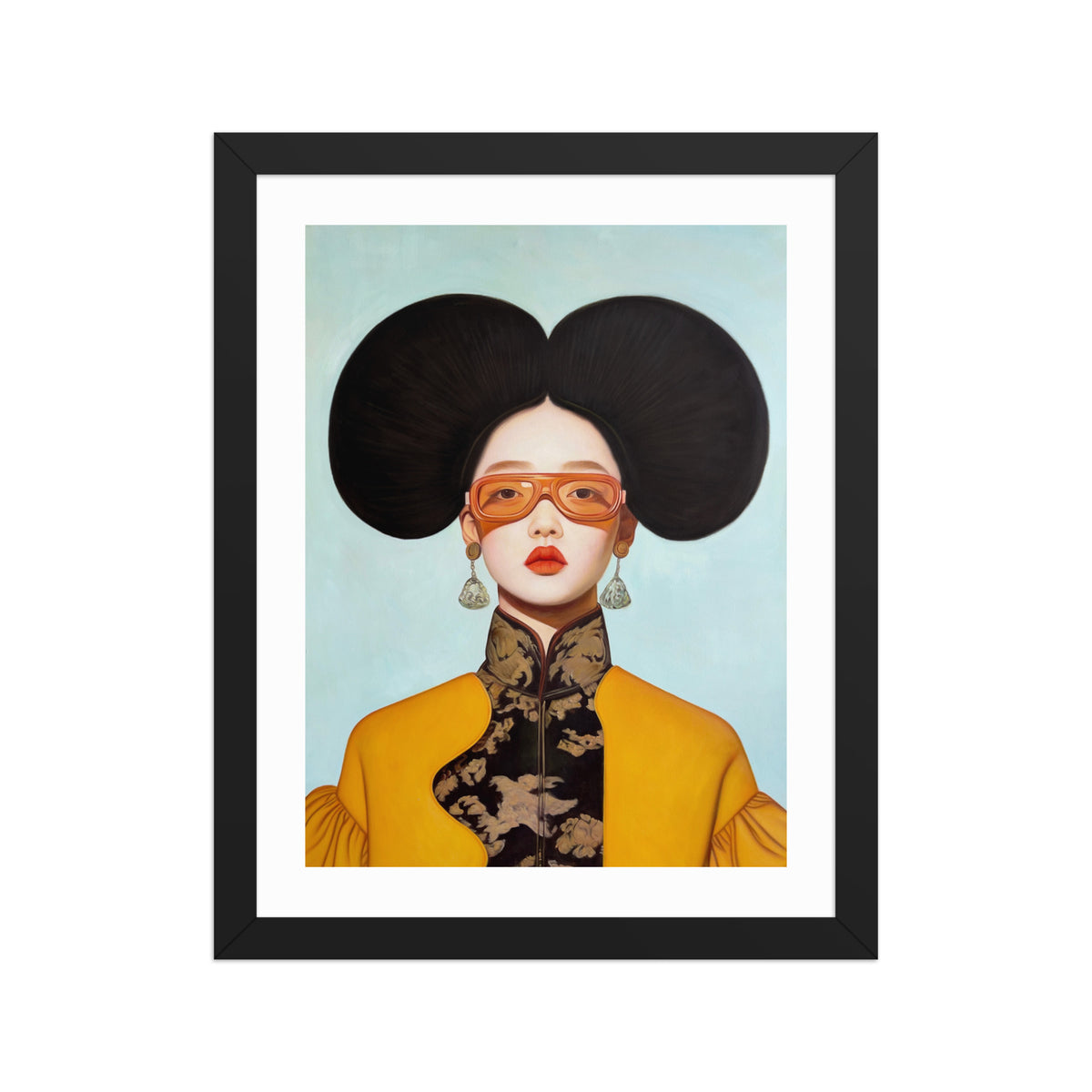 MEFREEK Seth Jennemann Open Edition Framed Print Keep The Tag On Just In Case, surreal portrait of a woman with oversized sculptural hair parted into two rounded forms, wearing translucent orange glasses, jade earrings and a high collar embroidered garment, smooth porcelain skin and bold red lips against a soft blue background, contemporary hyperreal fine art style