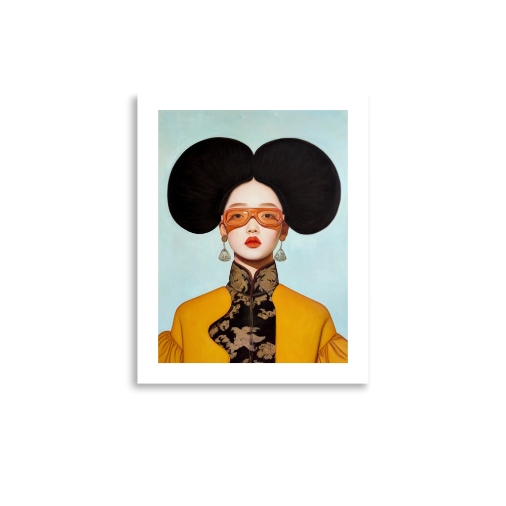 MEFREEK Seth Jennemann Open Edition Print stylized portrait of a asian woman with oversized symmetrical black hair, wearing translucent orange glasses and a high collar patterned garment, soft pastel blue background with clean surreal composition and bold yellow clothing accents