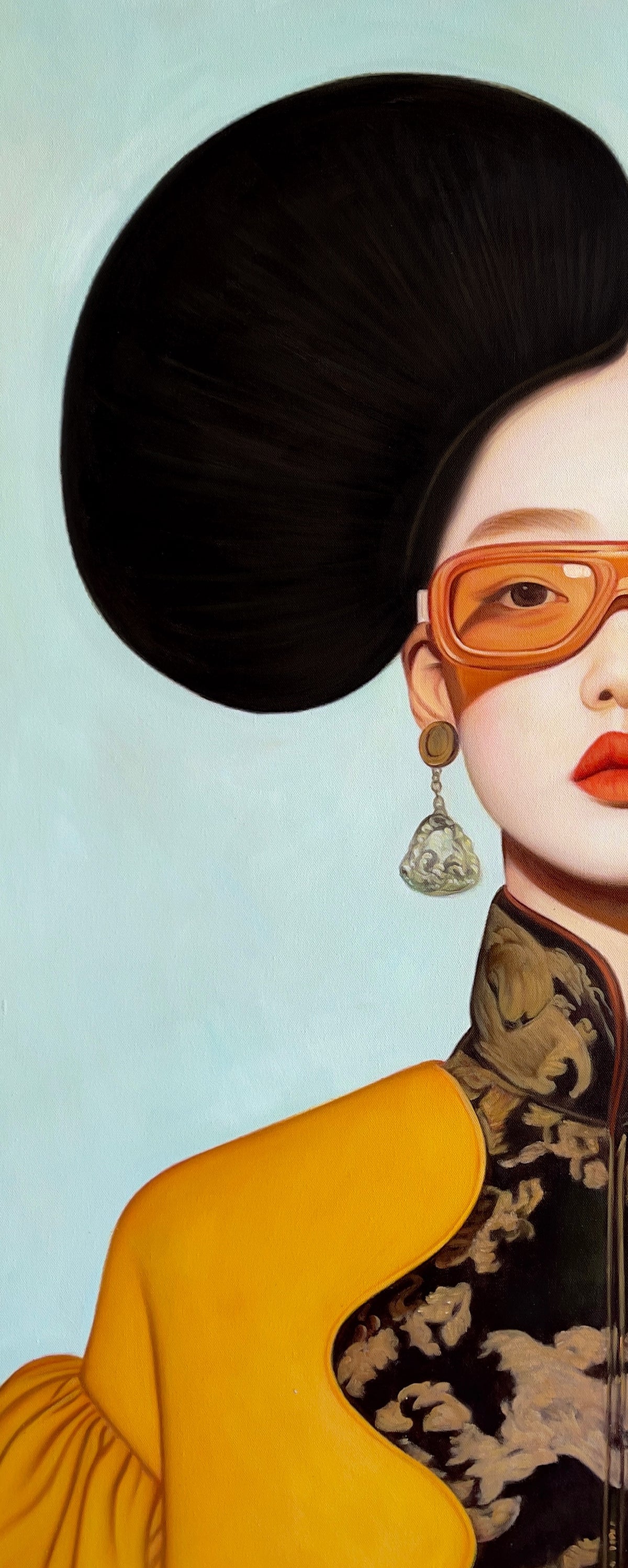 MEFREEK Seth Jennemann Original Oil Painting cropped portrait detail showing one side of the face with translucent orange glasses red lips and ornate garment highlighting smooth skin blending subtle lighting and refined edge control against a soft teal background