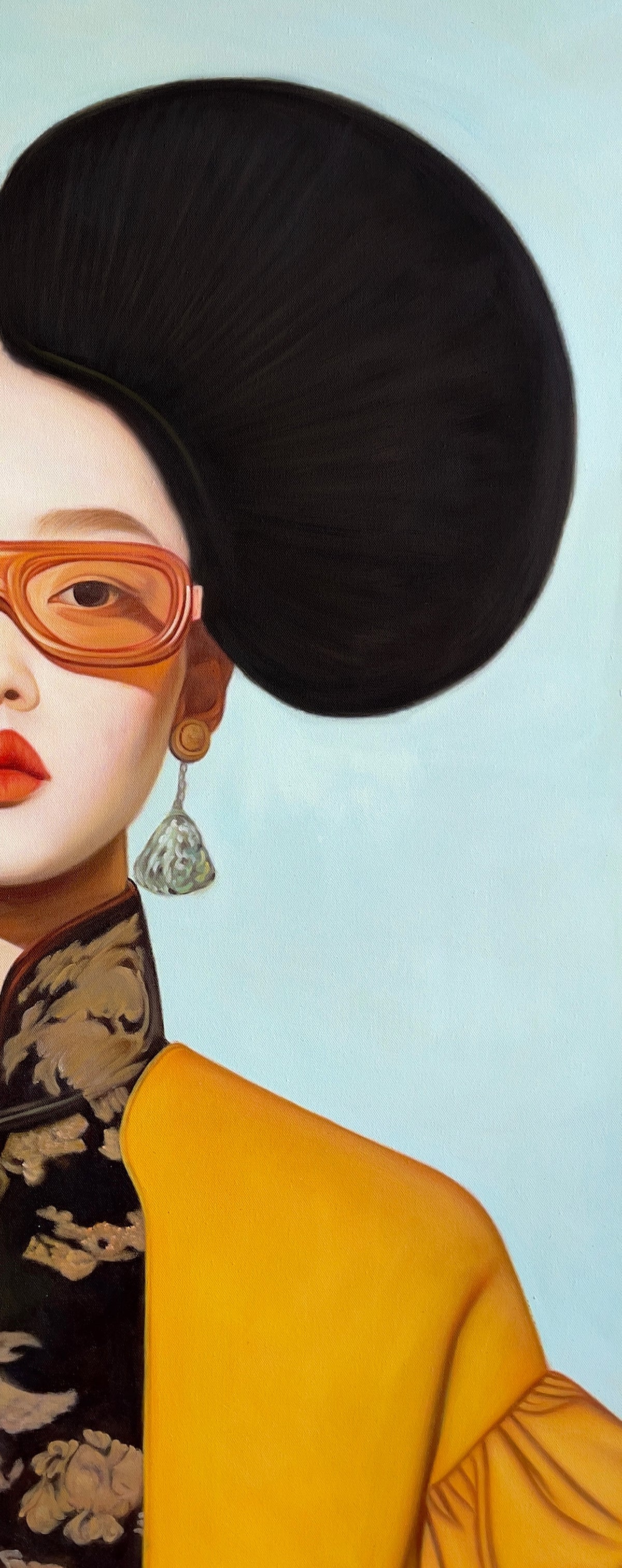 MEFREEK Seth Jennemann Original Oil Painting partial composition detail focusing on the upper torso and garment with bold yellow structure and intricate dark floral pattern contrasted against soft skin tones and a teal background with precise edge handling