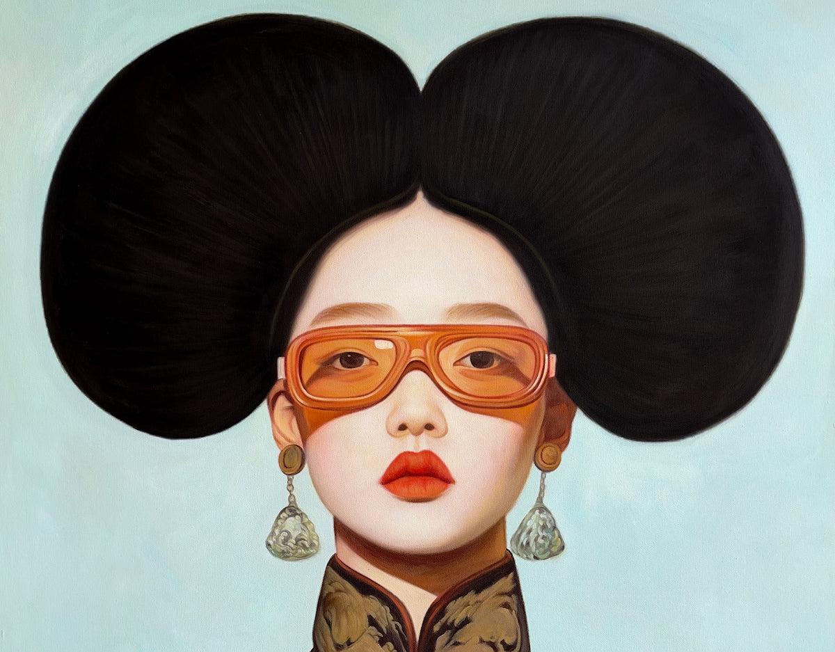 MEFREEK Seth Jennemann Original Oil Painting extreme close up detail of sculptural dark hair and facial edge with translucent orange glasses emphasizing ultra smooth blending subtle tonal gradients and refined realism against a soft teal background