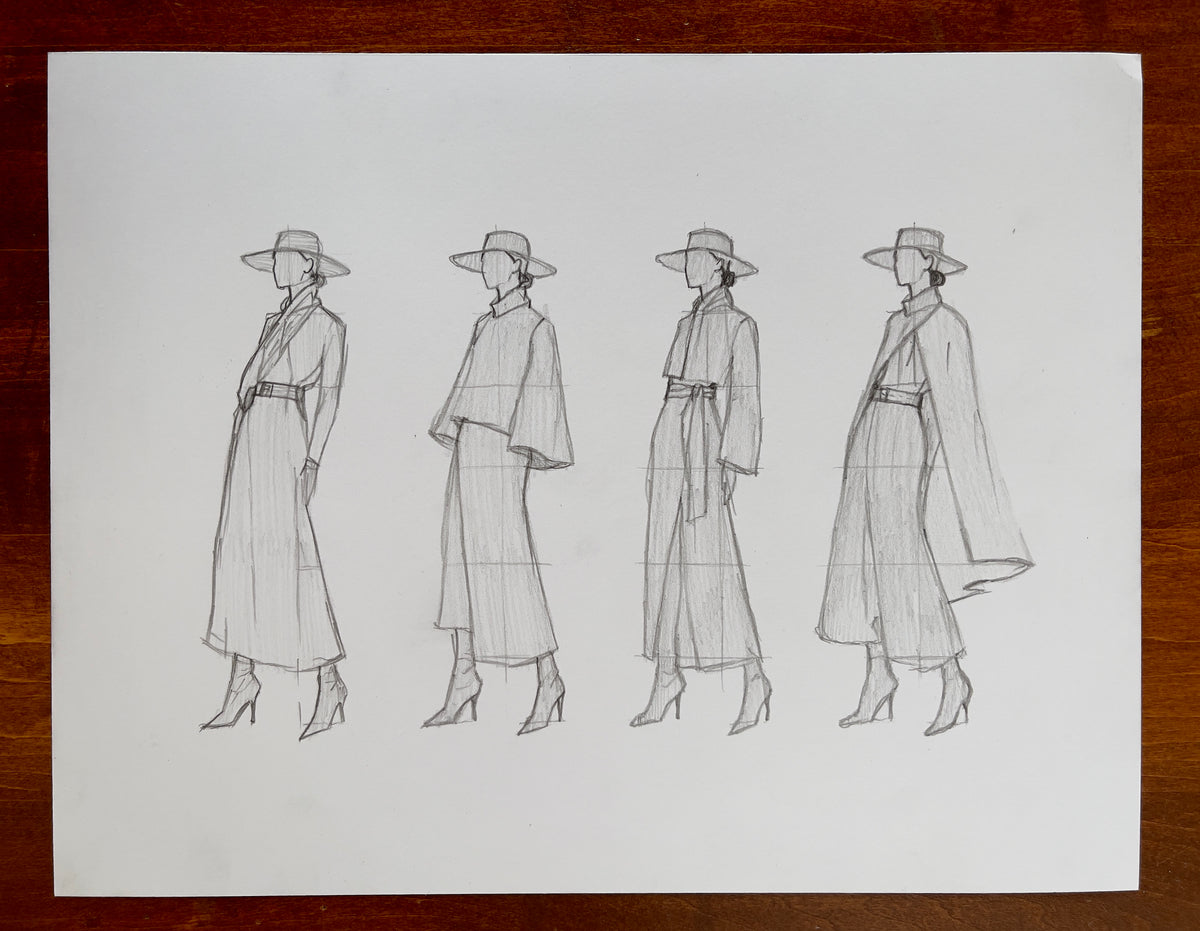 MEFREEK Seth Jennemann Original Pencil Drawing Kept The Change And Called It Me – Graphite pencil fashion croquis featuring four full-length female figures arranged side by side, each wearing a variation of a traditional Korean-inspired outfit with a wide-brimmed, flat-topped hat, a long flowing skirt, and pointed high-heeled boots. The first design features a fitted, belted jacket with overlapping lapels and structured sleeves. The second combines a loose, cropped top with wide, flared sleeves and a straig
