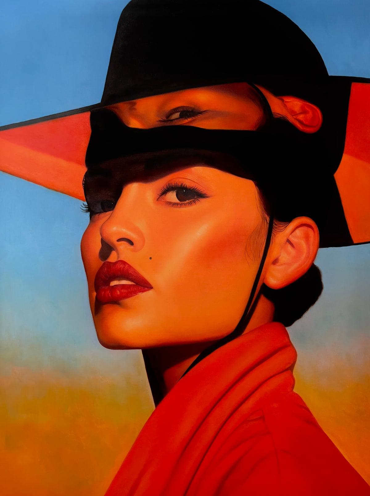 MEFREEK Seth Jennemann Original Oil Painting "Kept The Change And Called It Me" depicting a woman in a vivid red-orange garment and an oversized black wide-brimmed hat with a bright coral-red underside. Her face turns toward the viewer, revealing deep red lips, dark expressive eyes, and glowing orange skin illuminated by dramatic directional lighting. A surreal second set of facial features appears beneath the hat's brim, with an additional eye visible above a bold horizontal band of black shadow. Her dark 
