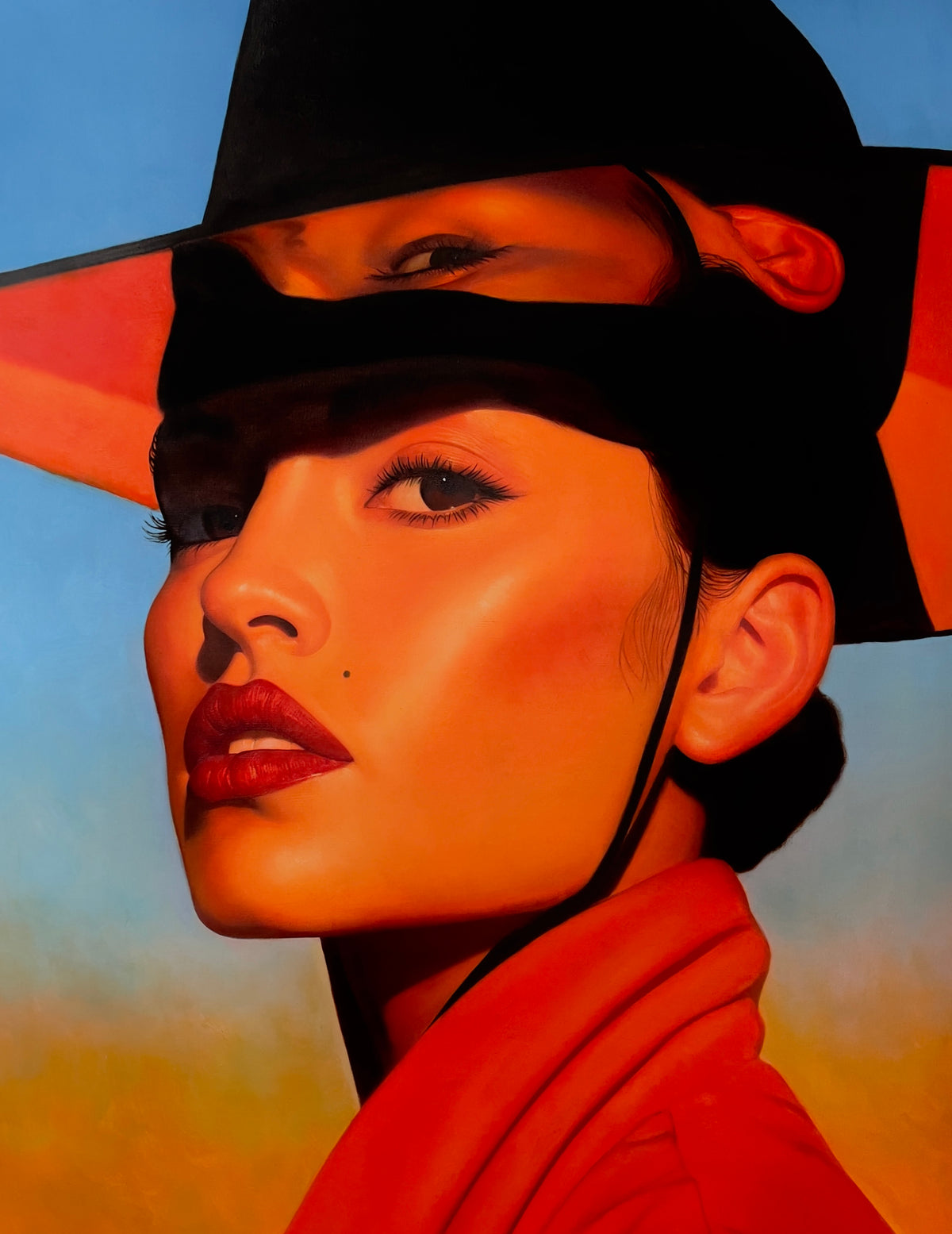 MEFREEK Seth Jennemann Original Oil Painting "Kept The Change And Called It Me" showcasing a surreal, hyperrealistic portrait of a woman wearing a dramatic black hat with an exaggerated red brim. Her glowing orange complexion, sharply defined cheekbones, long eyelashes, and glossy crimson lips are rendered with meticulous detail. An additional eye emerges above a dark band of shadow crossing her face, producing an intriguing double-image effect. A thin black chin strap frames her jaw, while vivid red fabric