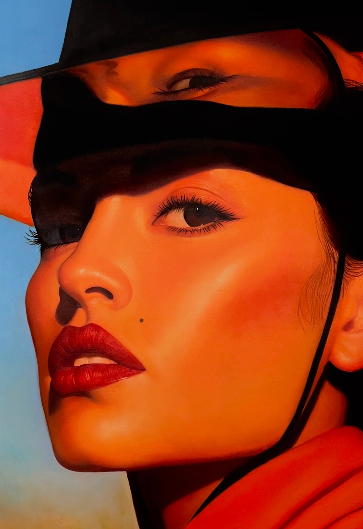 MEFREEK Seth Jennemann Original Oil Painting "Kept The Change And Called It Me" featuring a hyperrealistic close-up portrait of a woman with luminous orange-toned skin, dramatic red lips, long dark eyelashes, and a small beauty mark above her upper lip. She wears a striking black wide-brimmed hat with a red underside, casting bold geometric shadows across her face. A second eye appears above the dark horizontal band of shadow, creating a surreal, layered composition. Warm orange and crimson tones contrast a