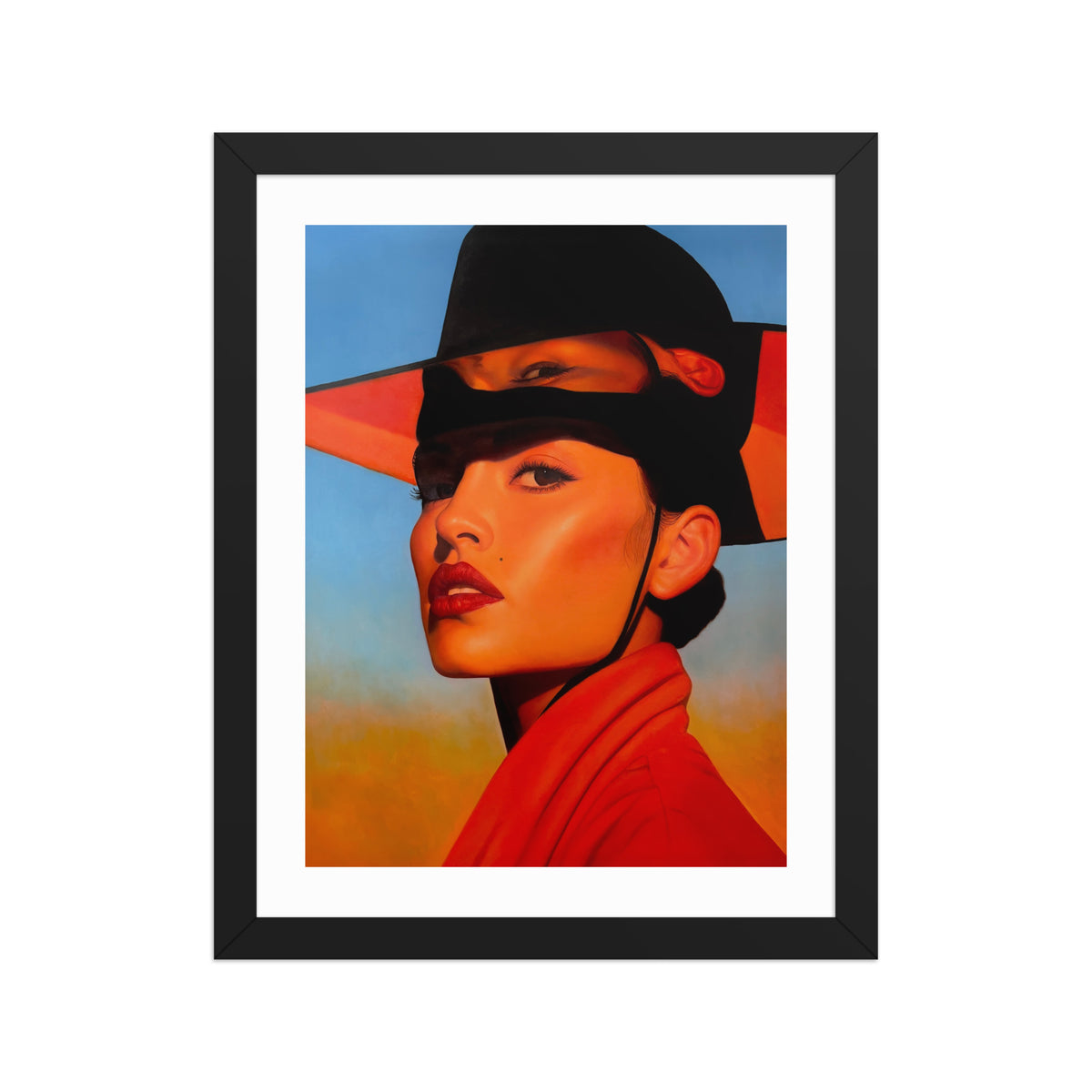 MEFREEK Seth Jennemann Open Edition Art Prints Kept The Change And Called It Me – Framed fine art portrait print in a black frame with a white border, depicting a woman with red lips and warm orange-lit skin wearing a dramatic black wide-brimmed hat with a second eye and facial features reflected across its brim, dressed in bright red against a blue and golden orange background.