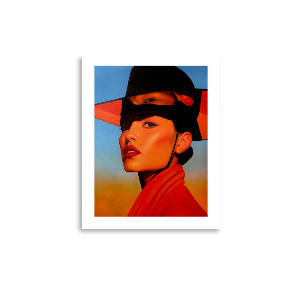 MEFREEK Seth Jennemann Open Edition Art Prints Kept The Change And Called It Me – Unframed fine art portrait print with a white border, featuring a woman in vivid red-orange clothing and a black wide-brimmed hat with a surreal mirrored eye and face detail, set against a blue sky fading into warm golden orange.