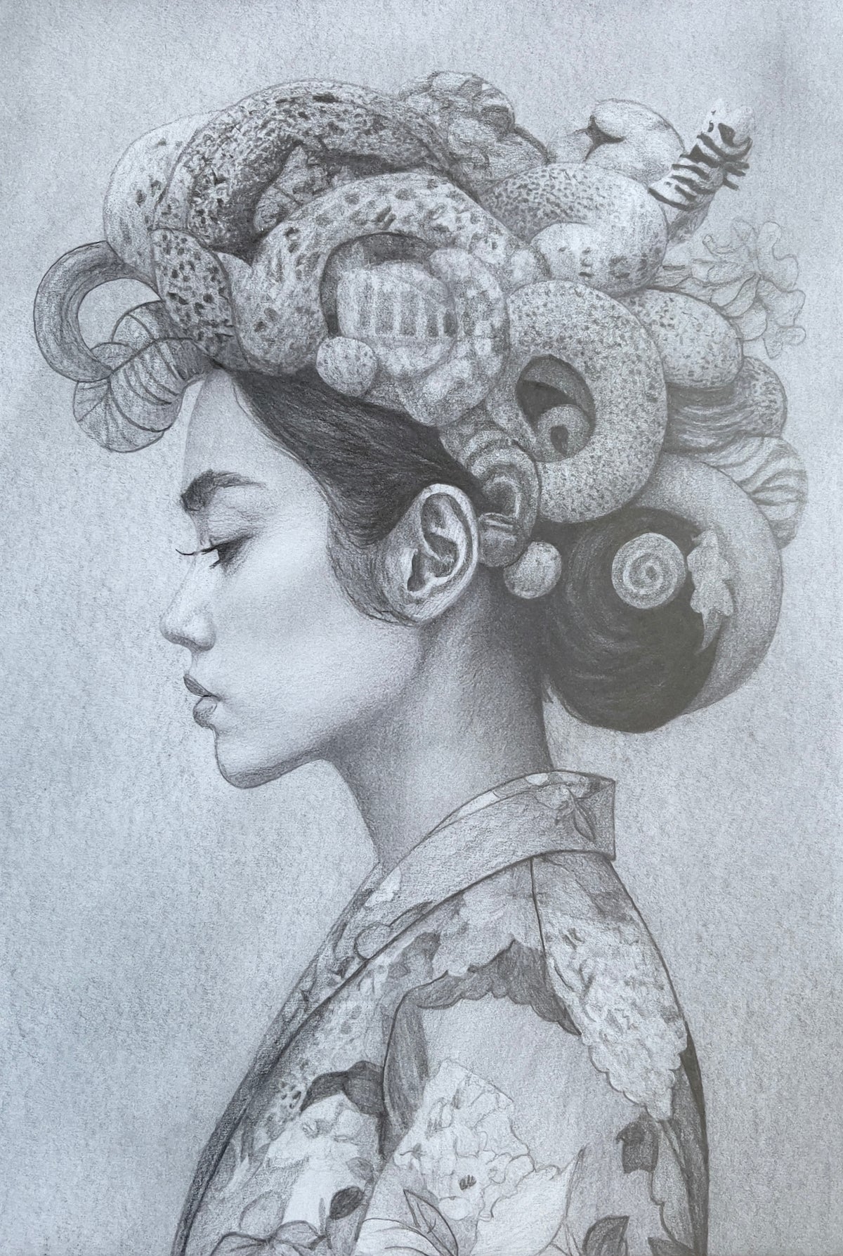 MEFREEK Seth Jennemann Graphite Pencil Drawing of a serene female profile wearing a patterned kimono with elaborate abstract sculptural hair composed of organic forms and shapes, rendered in refined grayscale with intricate textures, smooth shading, and a balance of realism and surreal design
