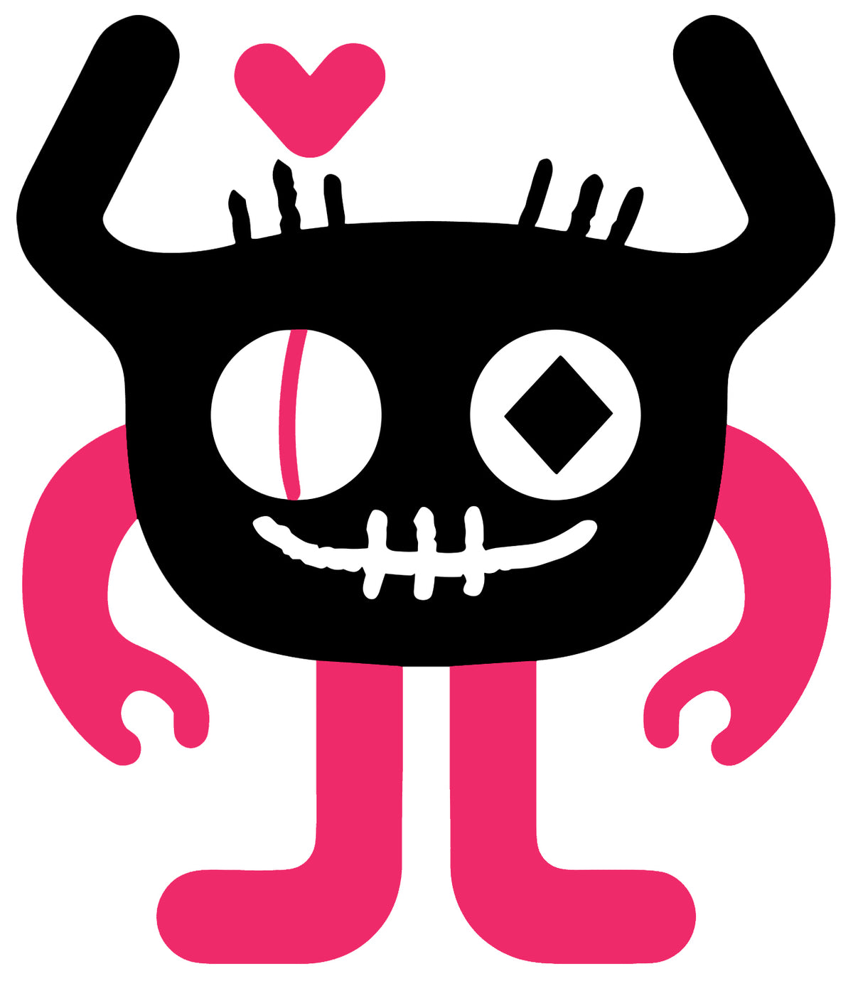 MEFREEK Seth Jennemann Jentlebot Klipzo – horned black-faced robot with stitched smile, mismatched eyes, pink limbs, and floating heart above head, gothic pop-art style vector creature.
