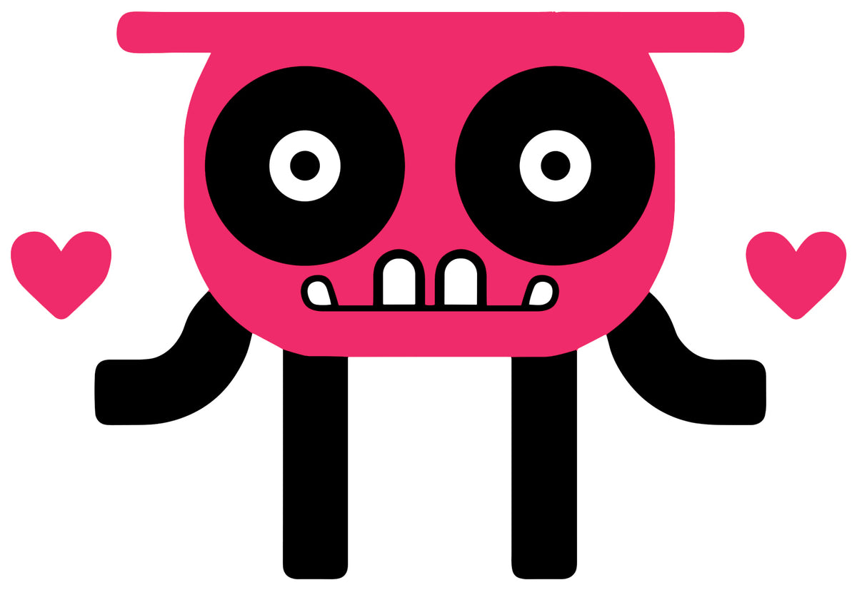 MEFREEK Seth Jennemann Jentlebot Kloopa – wide pink and black cartoon robot with large round eyes, buck teeth, flat top head, and hearts floating near hands, symmetrical playful vector design.
