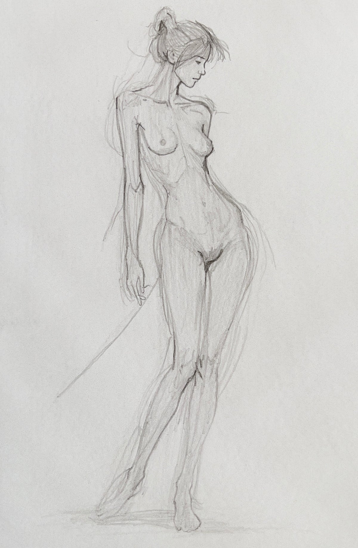 MEFREEK Seth Jennemann Graphite Pencil Drawing loose gesture of a leaning nude female figure with soft flowing lines light construction marks and expressive movement on textured paper